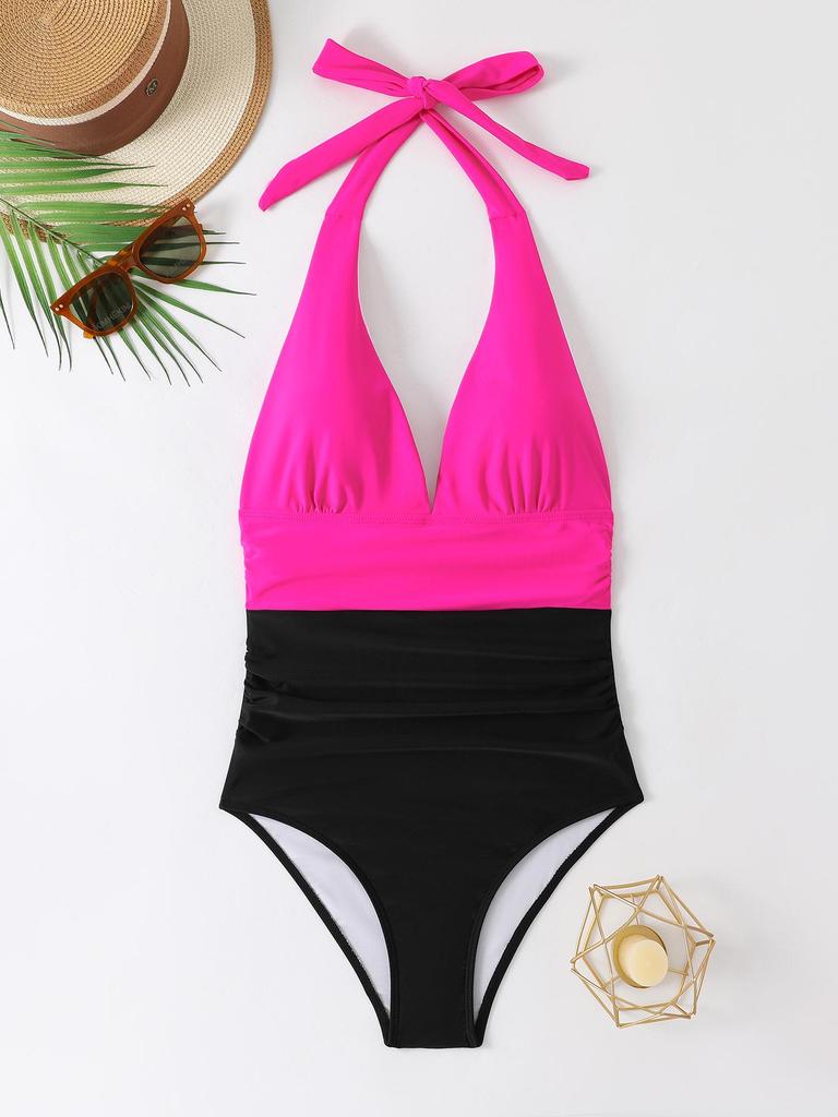 2025 Stylish European & American High-Waisted Backless Color Block One-Piece Swimsuit