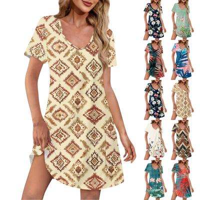 Women's Fashion Casual Printed With Pockets Bohemian Beach V-Neck Short Sleeve Dresses