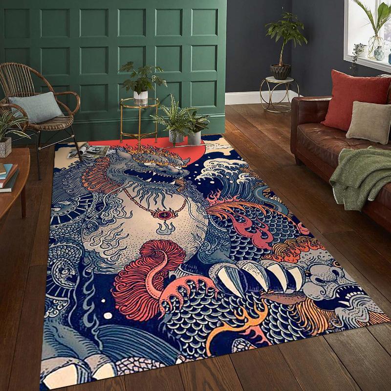 Japanese Culture Tattoo Rugs for Bedroom Fluffy Square Floor Carpets Living Room Home Decoration Rugs Soft Velvet Mat Area Rug