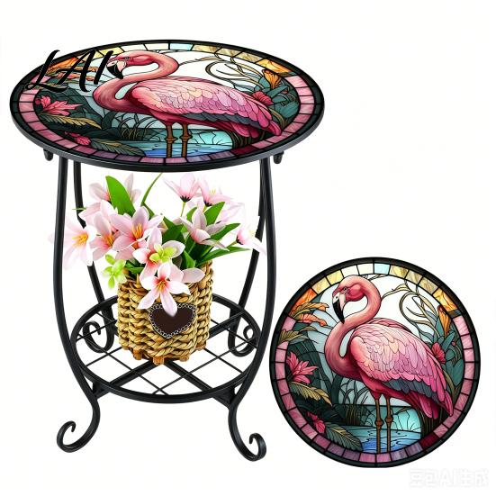 Butterfly Pattern Table Outdoor Side Table Round Small Mosaic Bird Patio Accent Indoor End Plant Coffee Tea for Yard Porch Garden Living Room,