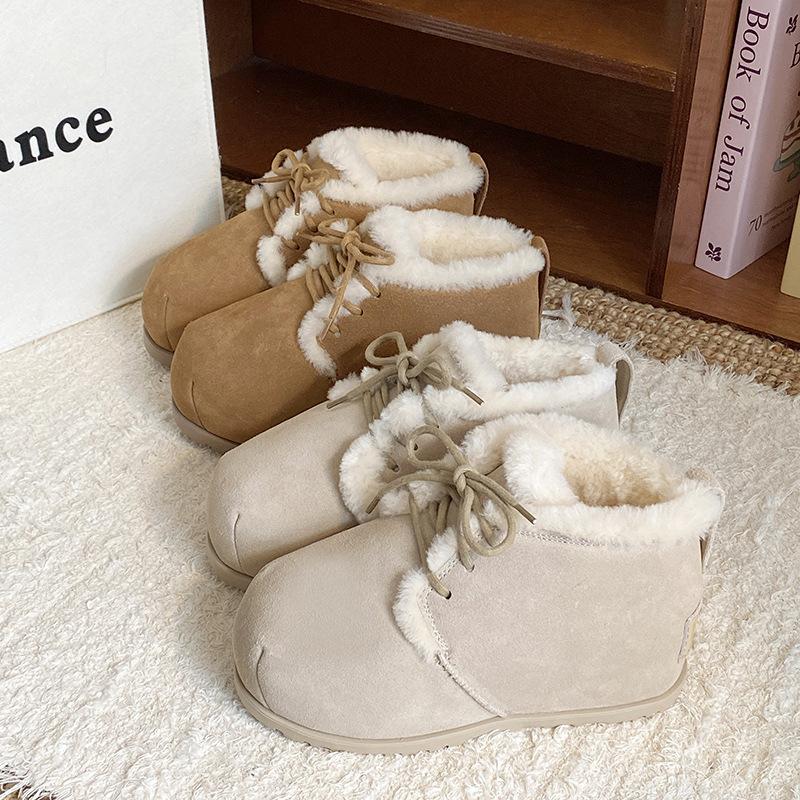 U fat head snow boots women's cow fur integrated bread shoes lace-up thermal short cotton shoes heightened thick-soled high-top shoes