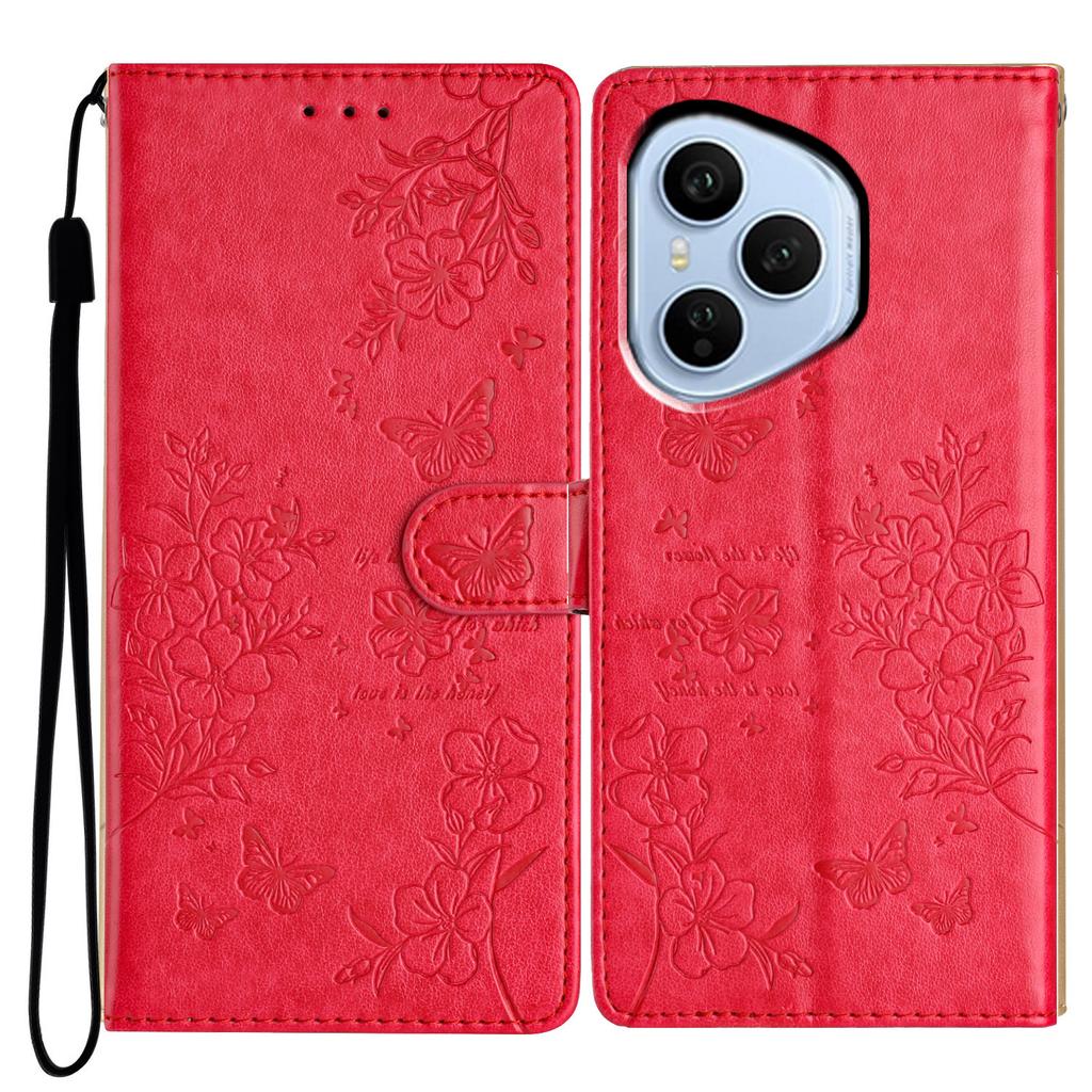 Für Honor 400 Pro 5G (Global) Brieftasche Handyhülle Schmetterling Floral Prägung Leder Klapphülle mit Riemen