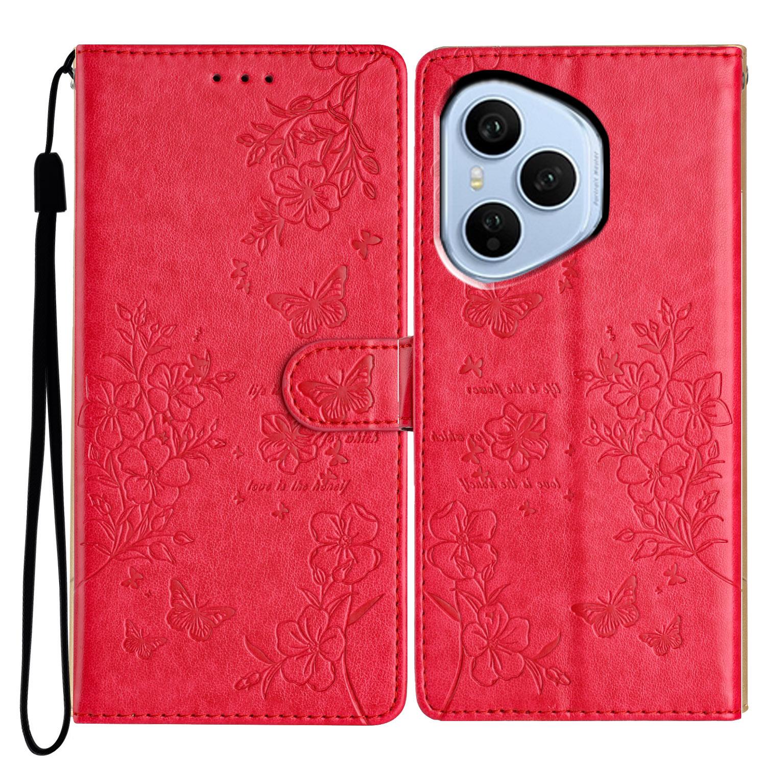 

Для Honor 400 Pro 5G (Глобальный) Кожаный чехол-книжка для телефона с тиснением в виде бабочек и цветов, со шнурком Red