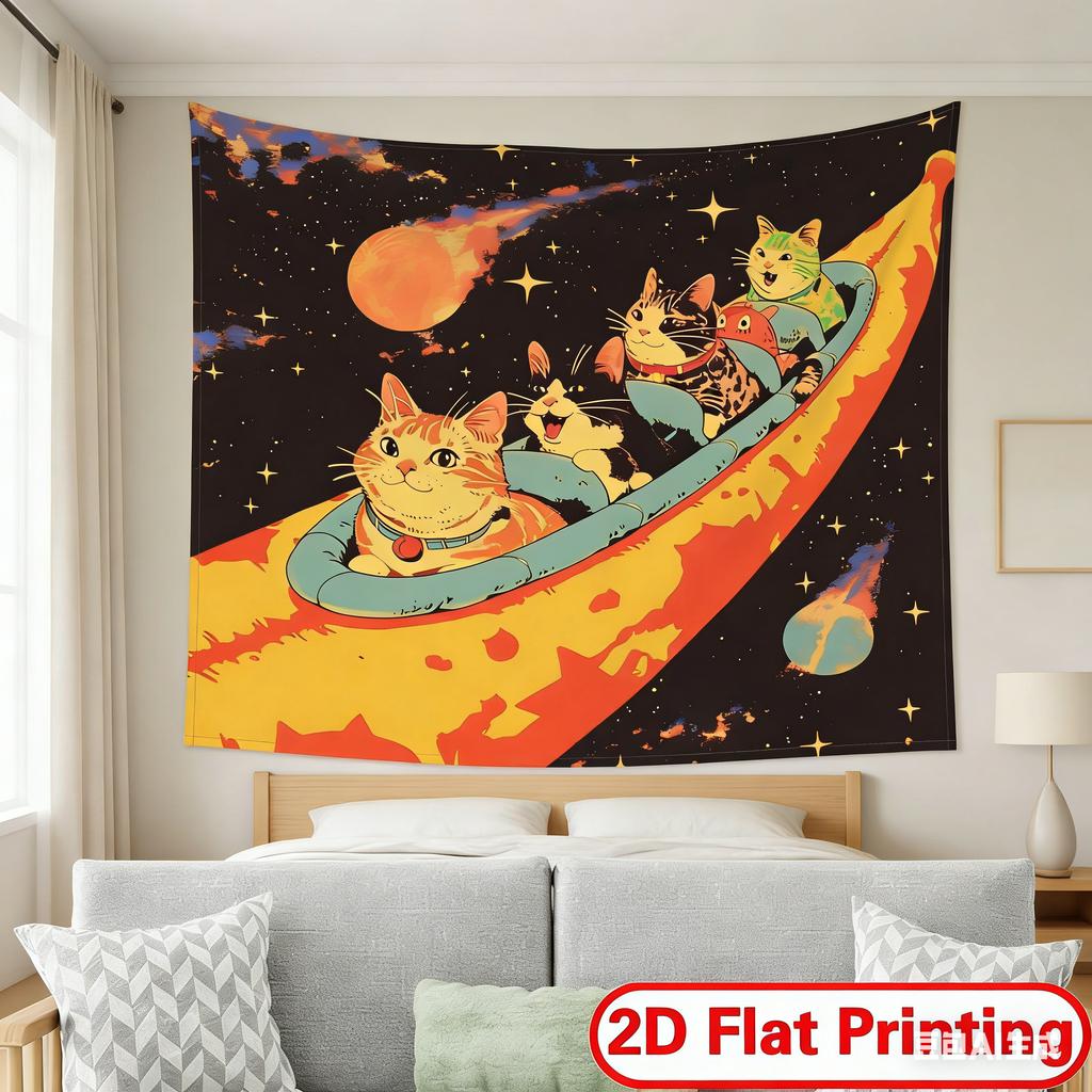 1pc Space Cats Banana Boat Tapestry Trippy Galaxy Wall Hanging Polyester 2D Print Cute Cat Decor for Bedroom Living Room Gif