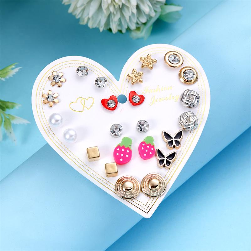 European & American Gold Fashion 12-Pair Rhinestone Stud Earring Set: Hearts, Feathers, Figure 8, Stars