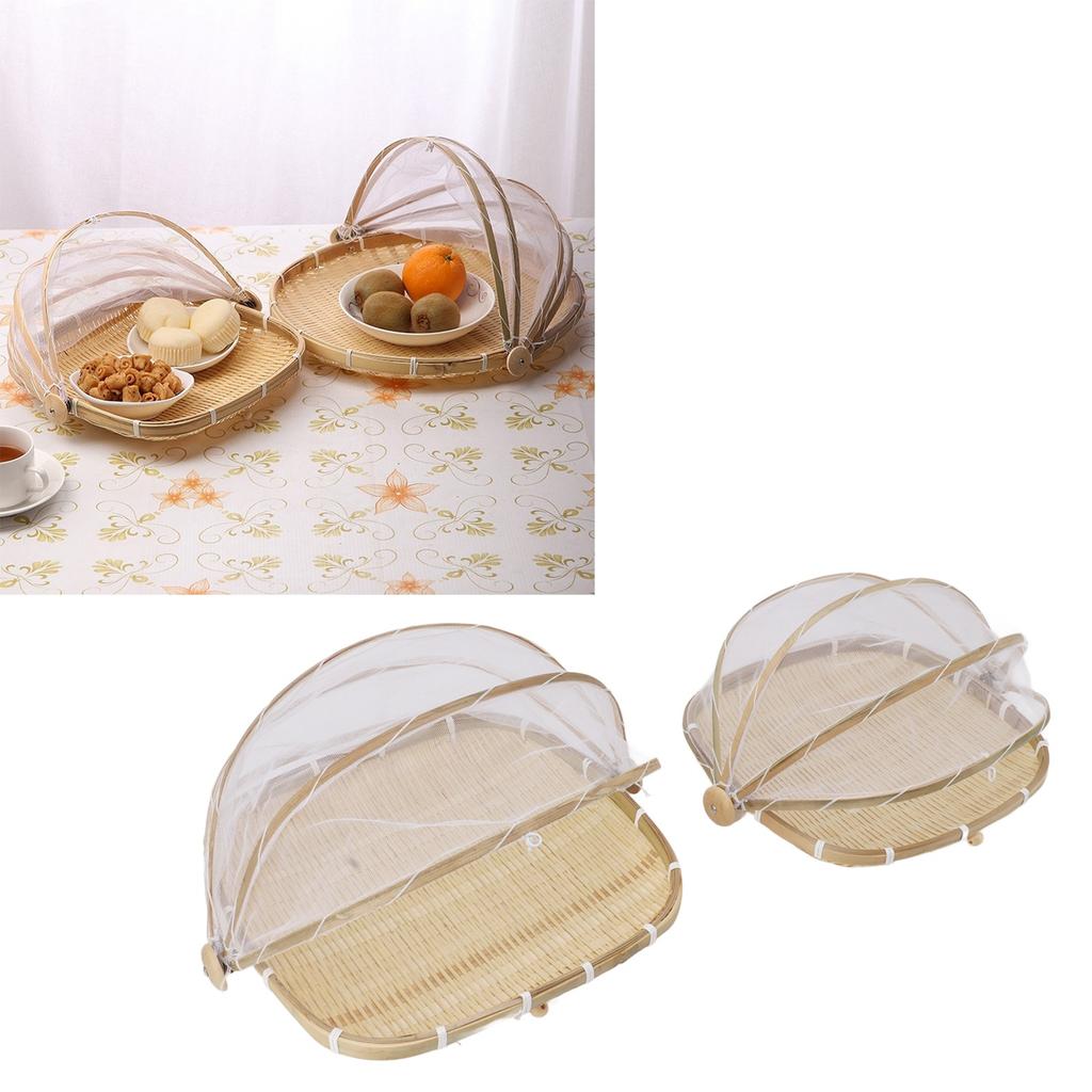 2Pcs Food Serving Tent Basket Fly Skeeter Insect Resistant Bamboo Basket With Dish Mesh Cover