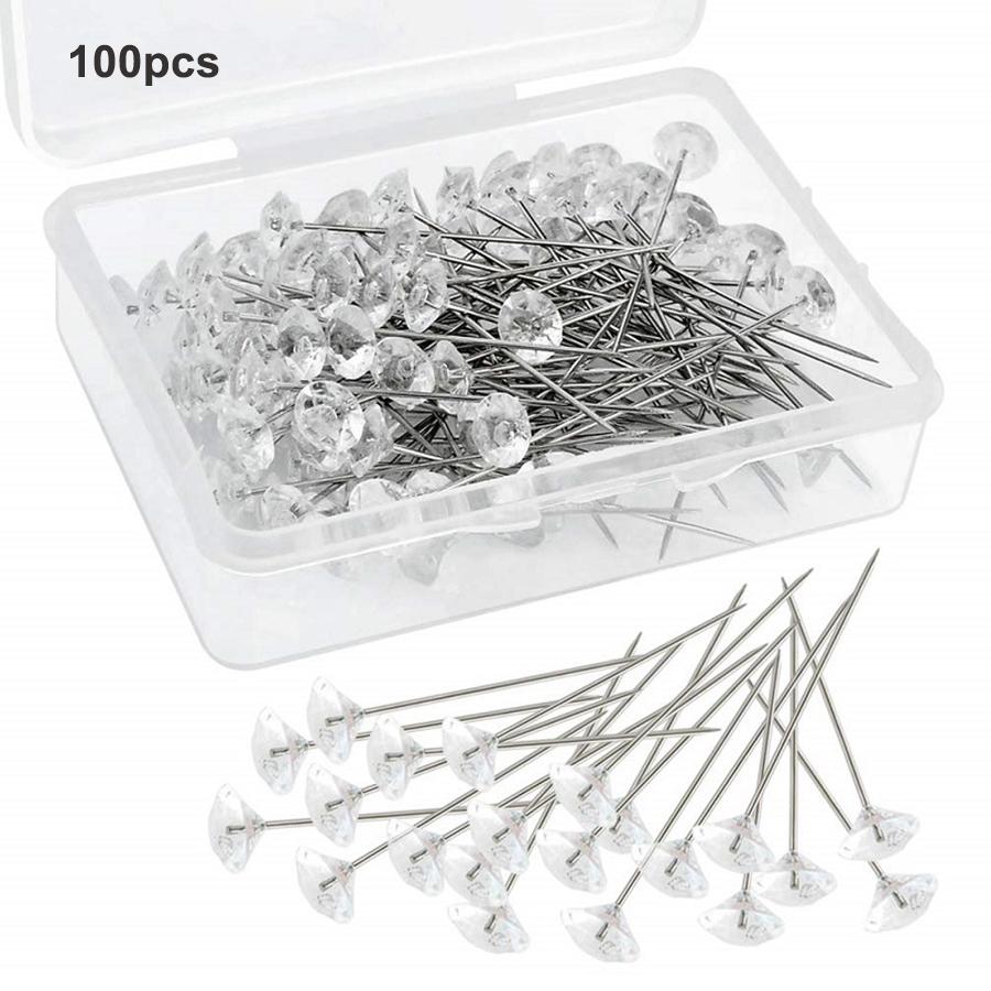 1Box 50/100Pcs Alloy Pins Transparent Diamond Pin DIY Wedding Bouquet Pins Stitching Needles Plastic Box Sewing Accessories