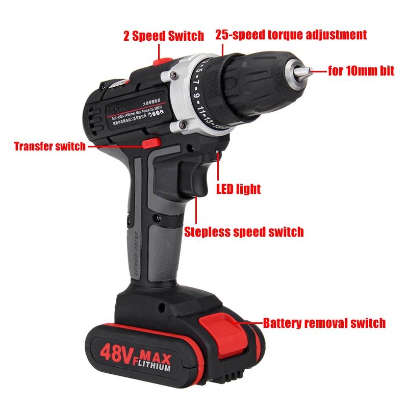 1/2 Battery Cordless Electric Drill Hammer Rechargeable Drill Woodworking 48V