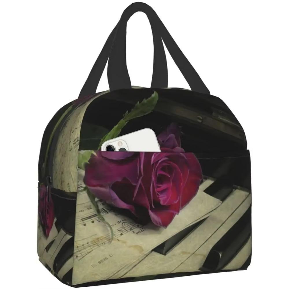 Red Rose Flowers On Gray Lunch Box Travel Bag Reusable Insulated Cooler Lunch Bags Girls Men Funny Picnic Tote Bag