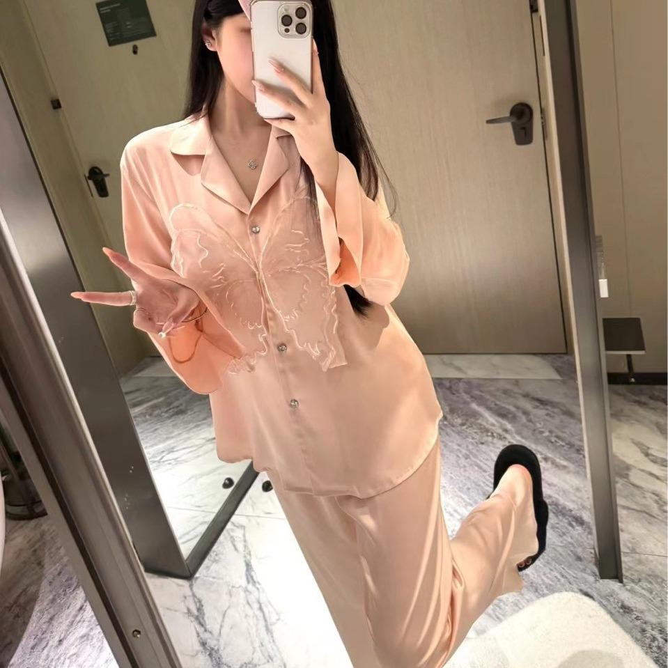 Sexy pajamas women's ice silk butterfly long-sleeved trousers, new models can be worn outside, solid color silk loungewear