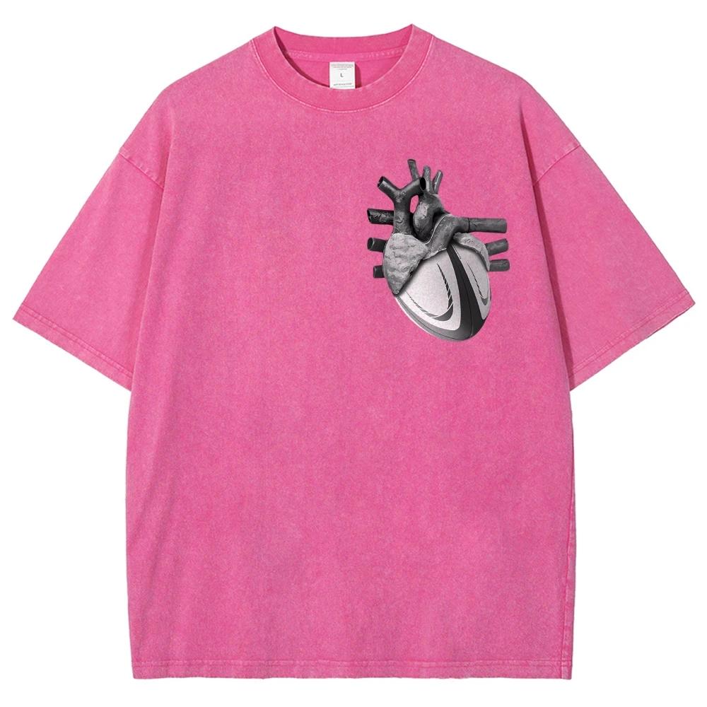 Dopasowane Prane T-shirty Serce Piłka nożna Rugby Nadrukowany Damski Męski T-shirt Bawełniany Oversize Zabawne Graficzne T-shirty dla Mężczyzn Letnie Top