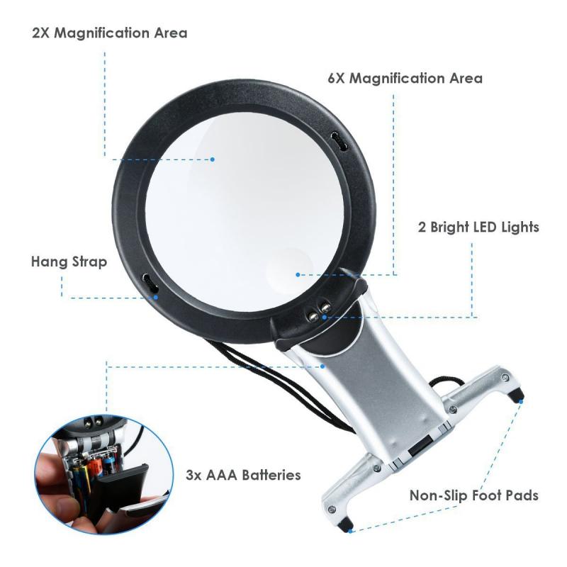2.5X 6X New Neck Handheld Desktop Large Lens Magnifier with 2 Led Lights Portable Hd Magnifier Elderly Reading Jewellery