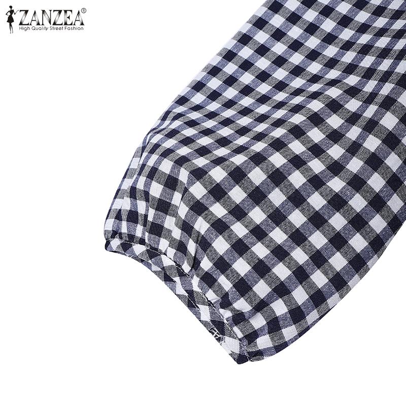ZANZEA Women Retro Plaid Print Casual 3/4 Sleeve Blouse