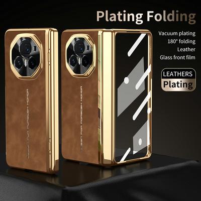 For Honor Magic V3 5G Phone Case with Tempered Glass Film Electroplating Leather+PC Mobile Cover