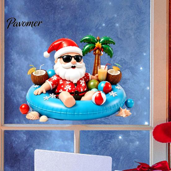 Home Beautification Stickers Christmas Santa Claus Window Clings, Summer Tropical on Pool Float Festive Storefront Glass Decals, Hawaii Beach Holiday