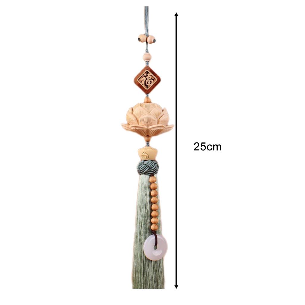 Lotus Car Rearview Mirror Charm Pendant Chinese Feng Shui Decor Wood Carving Tassel Car Hanging Decoration Dangling Ornament