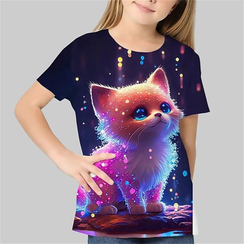 2026Kids Clothes Summer Kids Girl Boy T-Shirt Cat 3D Print O-Neck Casual Tops Animal