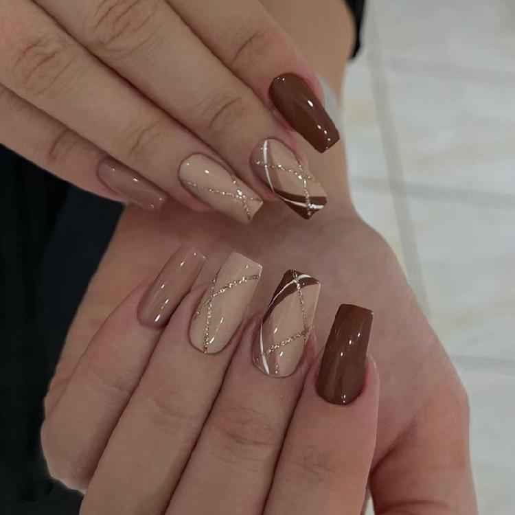 24 Pcs Grid Stick On Nail Glossy False Nail Ballerinas Press On Nail Glittering Artificial Acrylic Nail