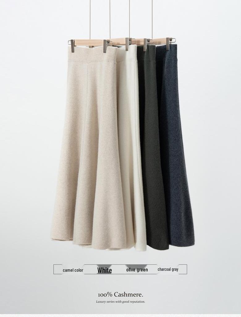2025 Autumn/Winter Women's High-Waisted 100% Pure Cashmere Thick Midi A-line Skirt - Versatile & Elegant