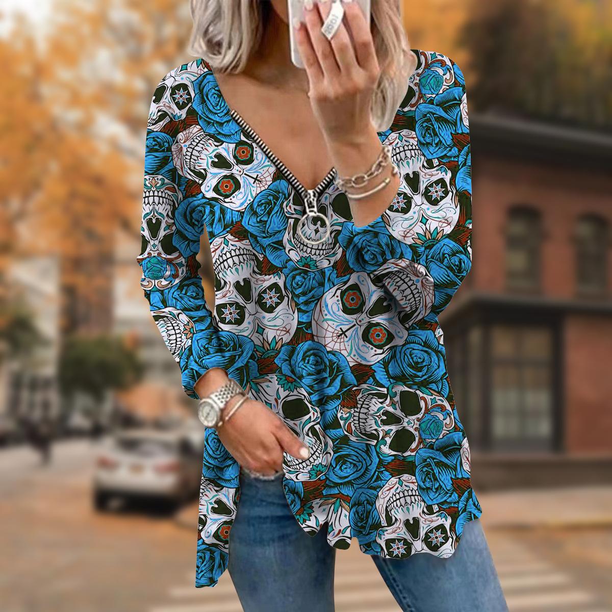 

Женские футболки с длинным рукавом и принтом «Роза и череп», свободные футболки больших размеров с V-образным вырезом, удобные блузки 8XL светло-синий
