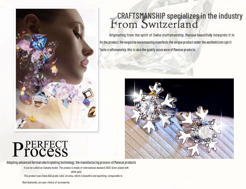 S925 Silver Korean Snowflake Zircon Stud Earrings for Women - Elegant, Simple Design, Ideal Christmas Gift.