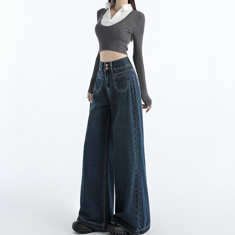 

Dark Blue Plush High-Waist Plus Size Wide-Leg Jeans – Women s Autumn/Winter Casual Loose Floor-Length Trousers 2XL