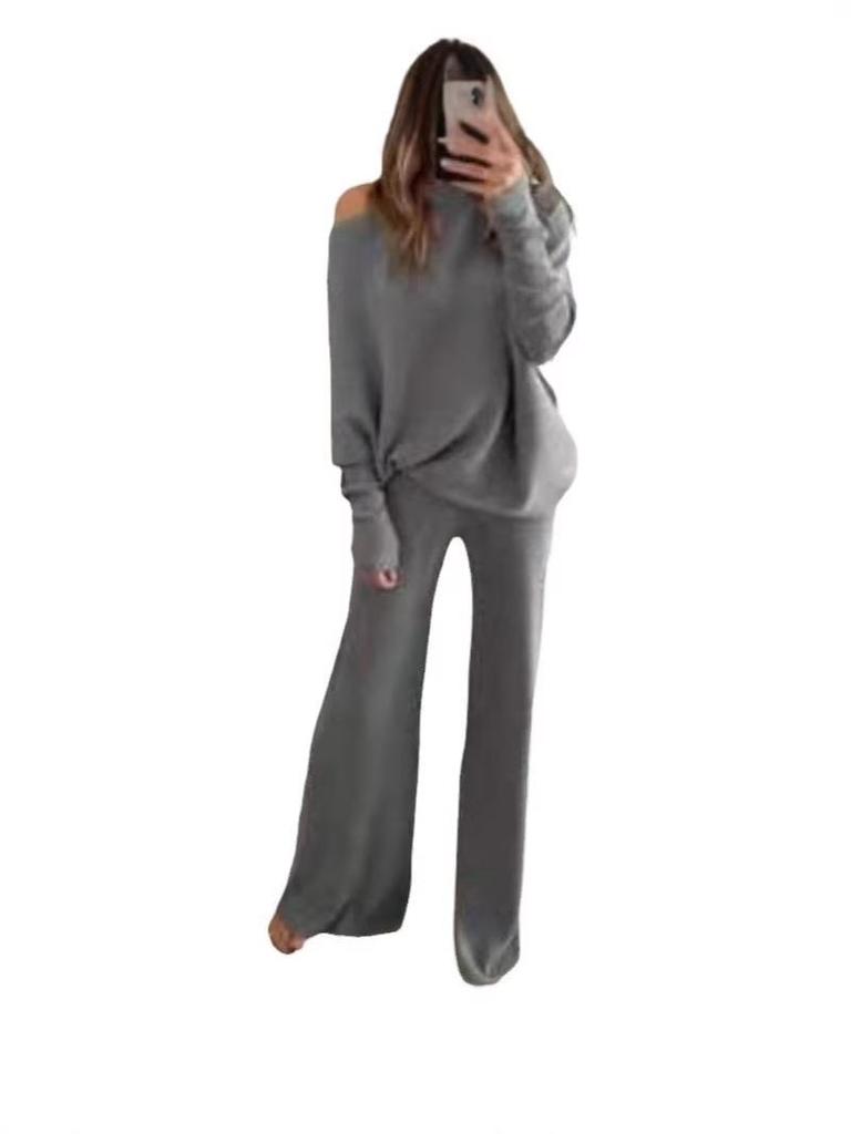 Conjunto de Top de Punto de Manga Murciélago de Color Sólido y Pantalones de Pierna Ancha Otoño/Invierno