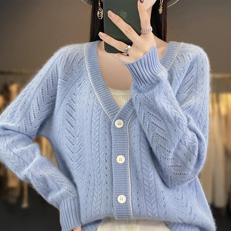 

Женский ажурный кардиган из шерсти с V-образным вырезом - Осенне-зимний кашемировый свитер с длинным рукавом Medium