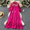 Elegant Retro Lace Up Summer Dress for Women A Line Ruffle Lantern Sleeve Loose Vacation Sweet O Neck Dresses