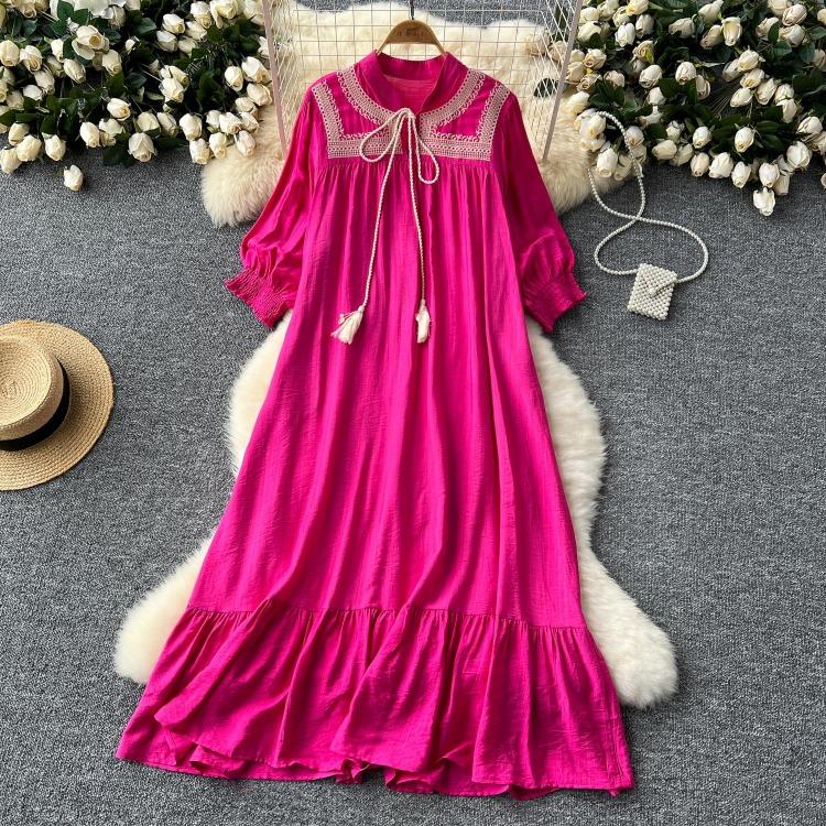 Elegant Retro Lace Up Summer Dress for Women A Line Ruffle Lantern Sleeve Loose Vacation Sweet O Neck Dresses