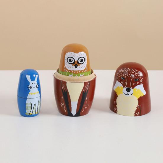 5Pcs/Set Animal Russian Nesting Doll 5 Layers Handmade Wooden Matryoshka Forest Animal Stacking Toy Home Office Desktop Decoration Ornament