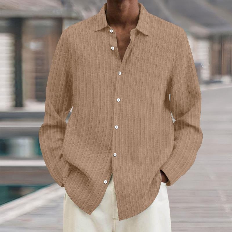 Four Seasons Long Sleeve Lapel Loose Button Cotton and Linen Striped Cardigan Shirt Men's
