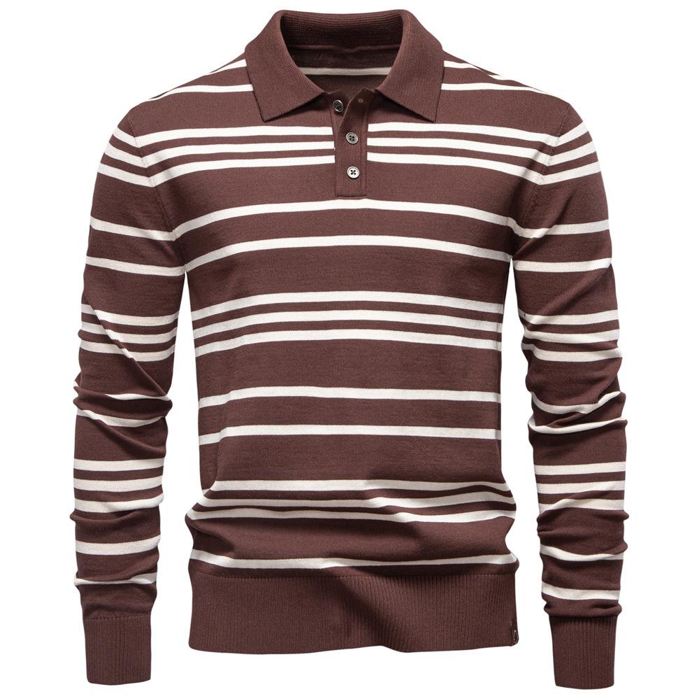 2025 Autumn/Winter New Large Collar Men's Striped Sweater Polo Collar Knitted Sweater Men