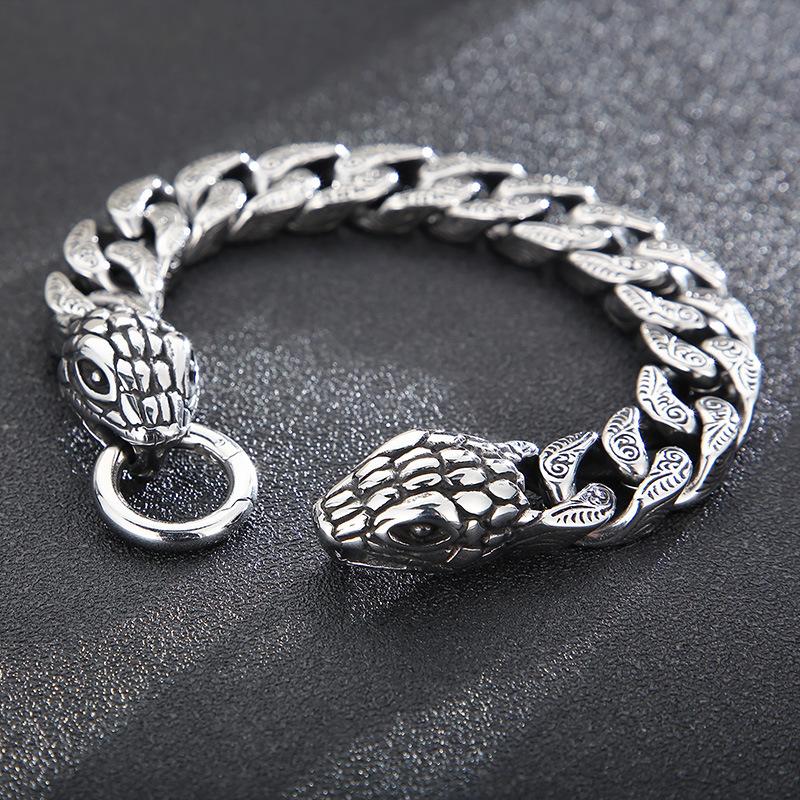 Retro distressed, blackened patterned snake head Cuban chain bracelet, punk style personalized men s double snake head bracelet