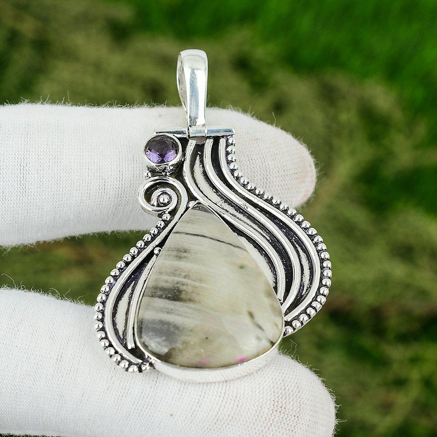 925 Silver Natural Osolite Jasper Amethyst Handcrafted Wedding Pendant Jewelry