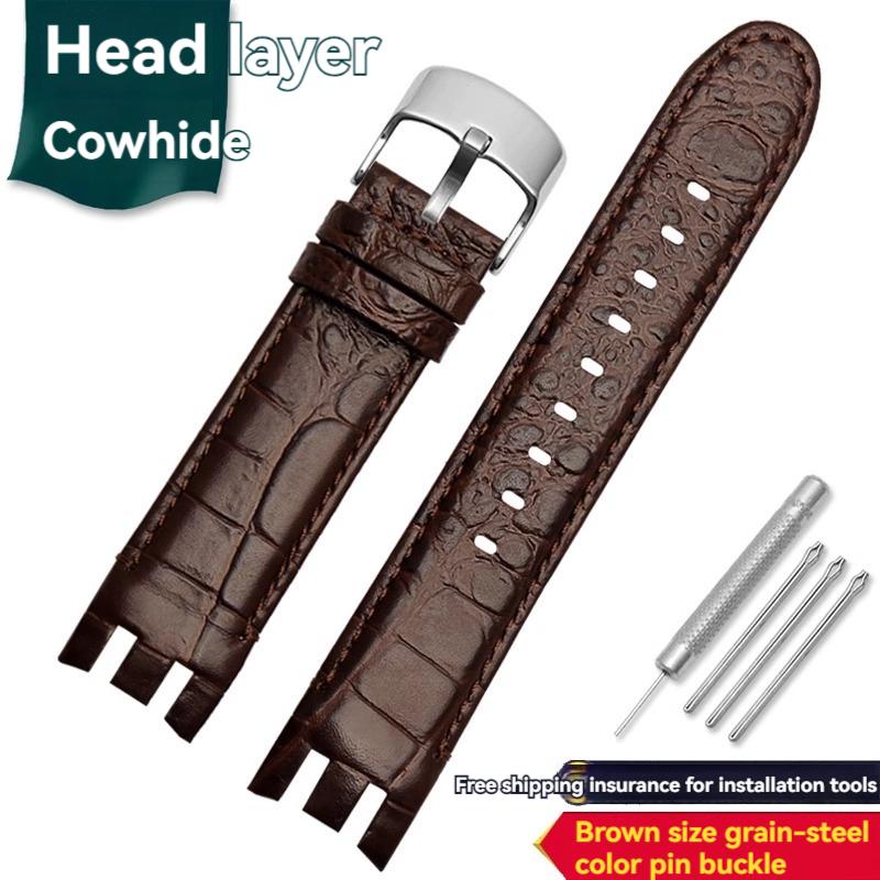 Pulsera de Interfaz Curva Dedicada de 21 mm para Reloj Swatch Correa de Cuero de Vaca para Hombre YRS403 YRS412 YRS402g Correa de Piel de Ternero con Herramientas