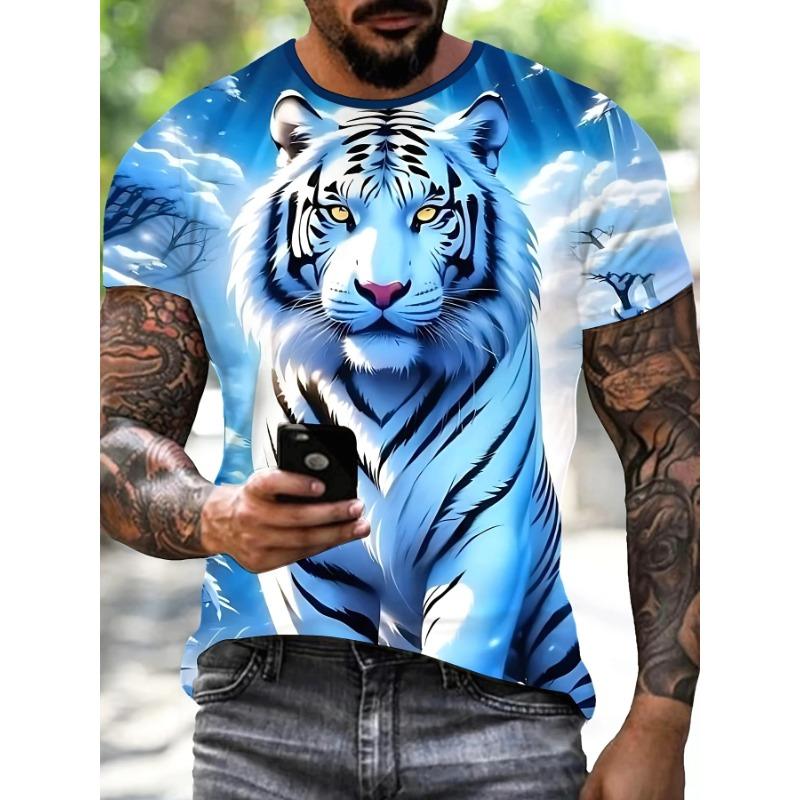 3D Tiger Printed Short Sleeve Crew Neck Men's T-shirts Breathable Stretch Casual Fashion Tee Outdoor Party Weekend Wear Tops