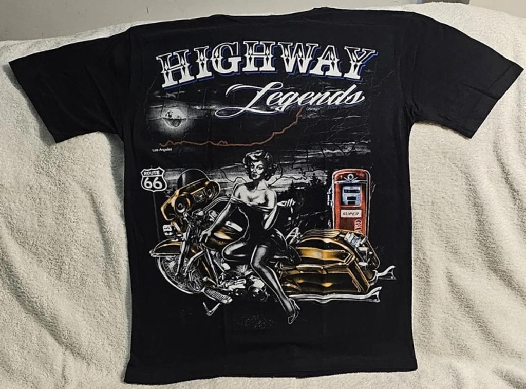 ROUTE 66 HIGHWAY LEGENDS MOTORCYCLE BIKER SEXY LADY MOON USA T-shirt