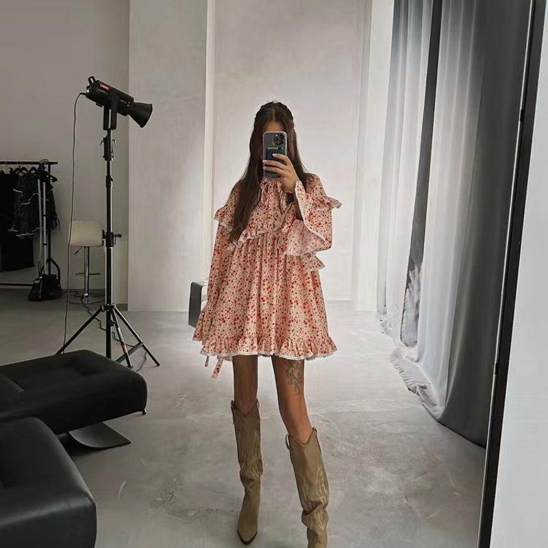 

Fashion Print Dress Fashion Flared Sleeves Lace-up Skirt Lace-up Flared Sleeve Dress Apricot color L