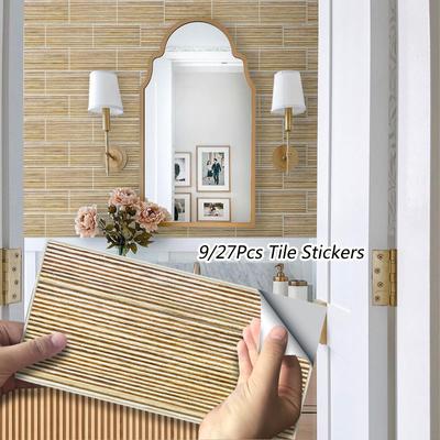 Autocollants pour carreaux de cuisine, 9/27 pièces, dosseret de salle de bains, auto-adhésifs, peler et coller, effet ciment ancien rustique jaune