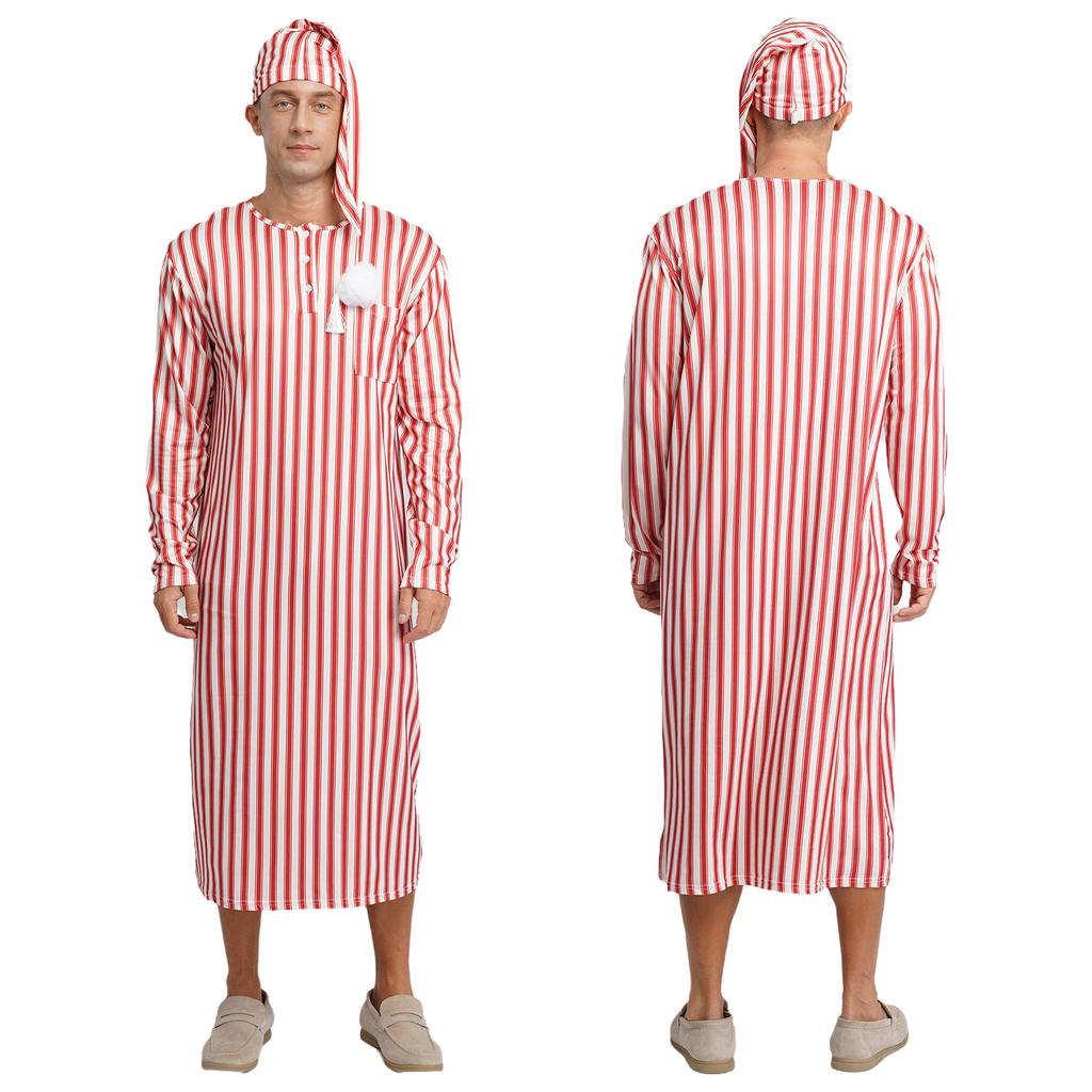 Men's Soft Loose Sleepwear Striped Long Sleeve Nightshirt with Sleeping Cap Pajama Set