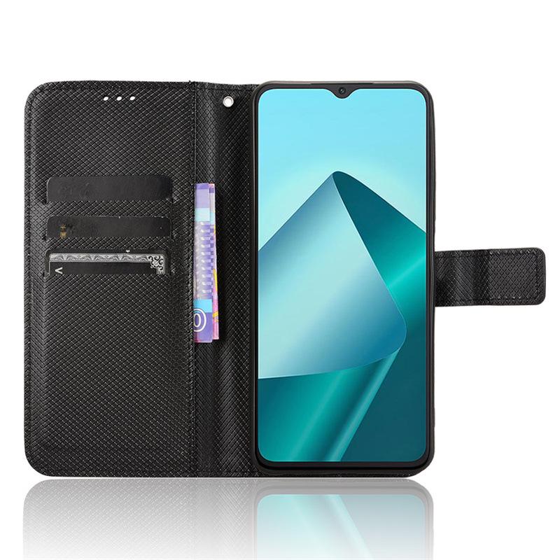 Wiko T20 Phone Case with Card Slot & Lanyard - Flip Diamond Texture Leather Cover
