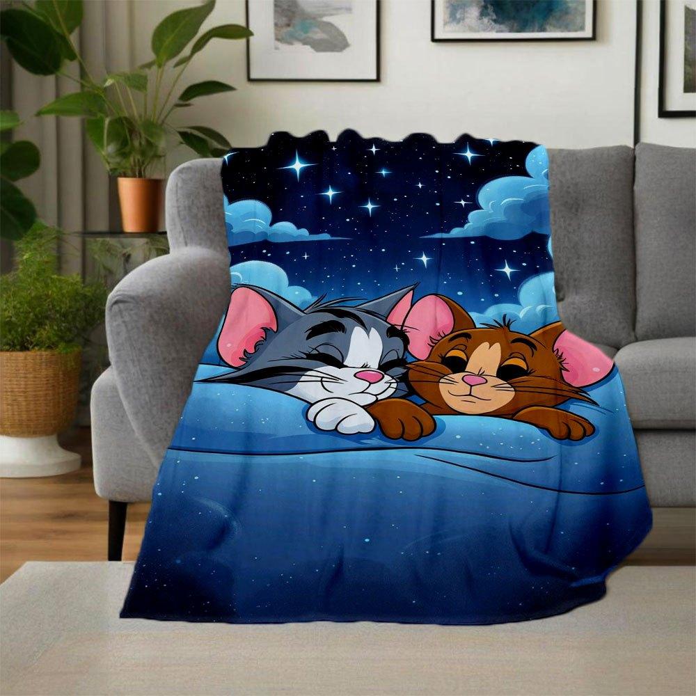 "Tom & Jerry: Cozy Night Adventure Pillowcase"Blanket Flannel Throw Blanket for Sofa, Bed, Travel, Camping, Office