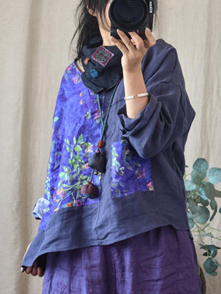 Johnature Women Vintage Linen Patchwork Color Tees Long Sleeve V-Neck Spring Tshirts Loose T-Shirts