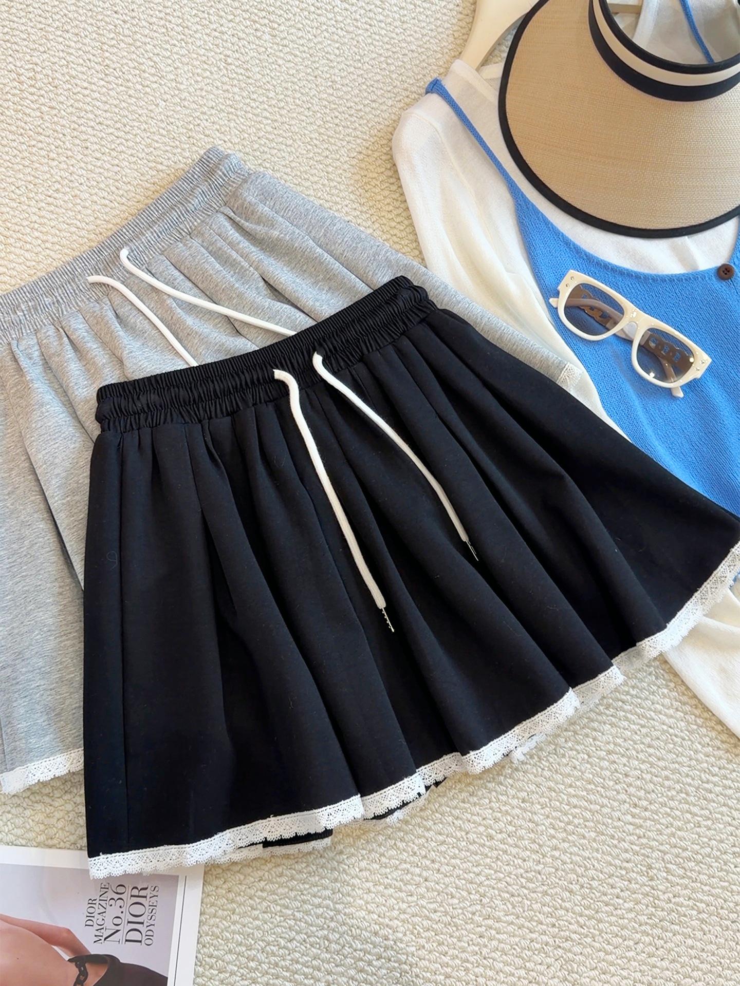 

Women s Summer Lace Trim Pleated A-line Skirt with Elastic High Waist and Drawstring Large чорний