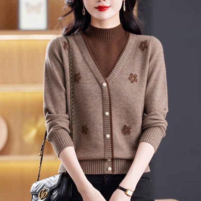 

Женский свитер с полувысоким воротником, осенне-зимний, утолщенный, с принтом, цветной блок, вязаный свитер, свободный жаккардовый пуловер, вязаный топ, верхняя одежда S кофейный