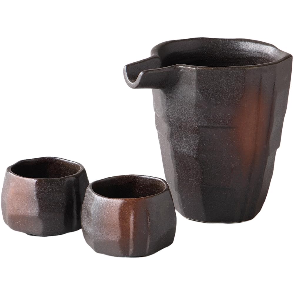 Black Bizen Cold Sake W12 X X Mino Ware Made In Japan Ale-net Set, D9.3 H11.4cm, Pottery,
