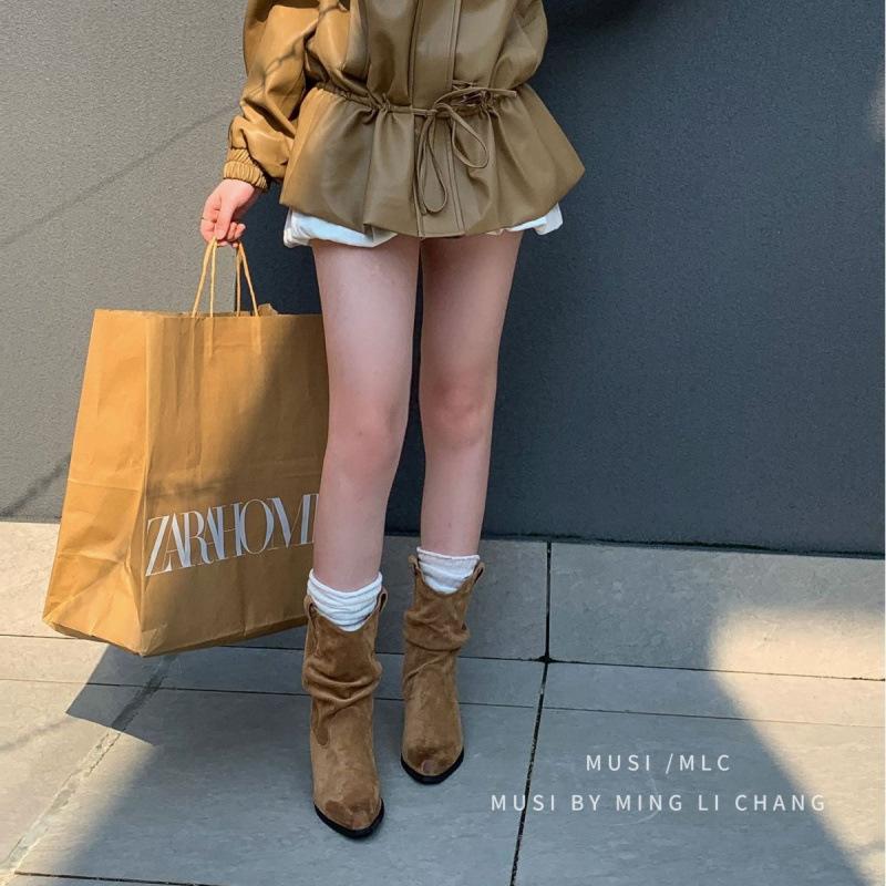 2025 autumn and winter Korean pleated boots pointed thick heel western cowboy boots women's new Martin boots short boots