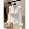 Elegant Lace-Trimmed White Velvet Top for Sophisticated Women - Cinched Waist, Winter Fashion.
