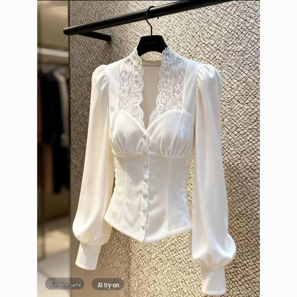 Elegant Lace-Trimmed White Velvet Top for Sophisticated Women - Cinched Waist, Winter Fashion.
